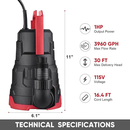 Sump Pump, 1 HP 3960GPH Submersible Utility Water Pump, Thermoplastic Portable Electric Water Removal Transfer Pump with 16.4FT Cord for Swimming Pool Basement Garden Pond Tubs Draining