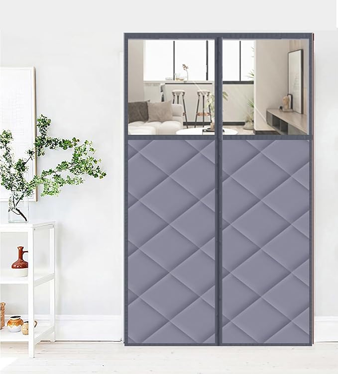 Magnetic Thermal Insulated Blackout Door Curtain Storm Wind Fleece Insulation Curtian Magnetic Screen Door with Thermal Noise Reduce Grey with Window Style 2 39"x86" Inch