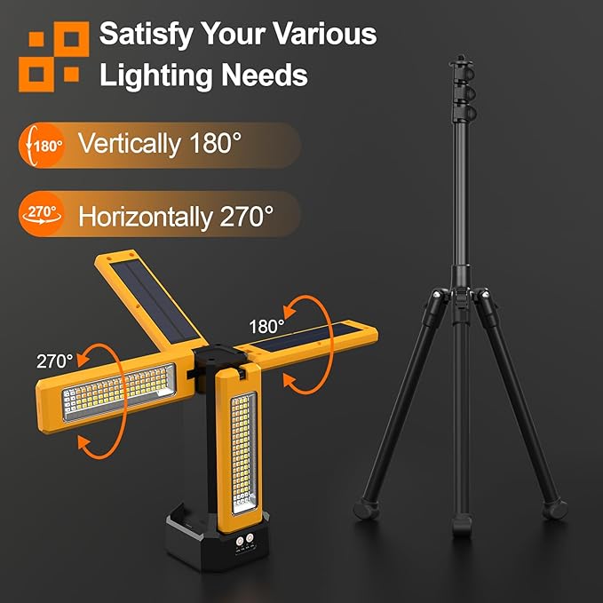 13200mAh Rechargeable Solar Work Light with Folding Stand and Carrying Bag, AODOO 8000 Lumen Stepless Dimmable , White/Warm/Nature White/RED(SOS) with Detachable Tripod (Orange(Remote))