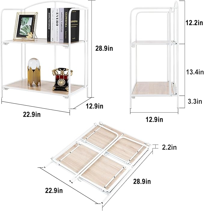 Crofy No Assembly Folding Bookshelf for Living Room, 2 Tier White Collapsible Book Shelf for Home Office, Portable Bookcase Storage Organizer