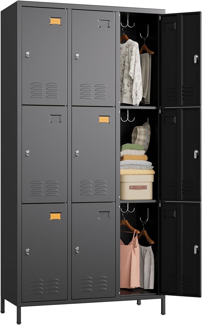 Metal Lockers for Employees with 9 Doors and 27 Hooks, 72”H Storage Locker with Card Slot for Office Gym School Bedroom, Black, Assembly Required