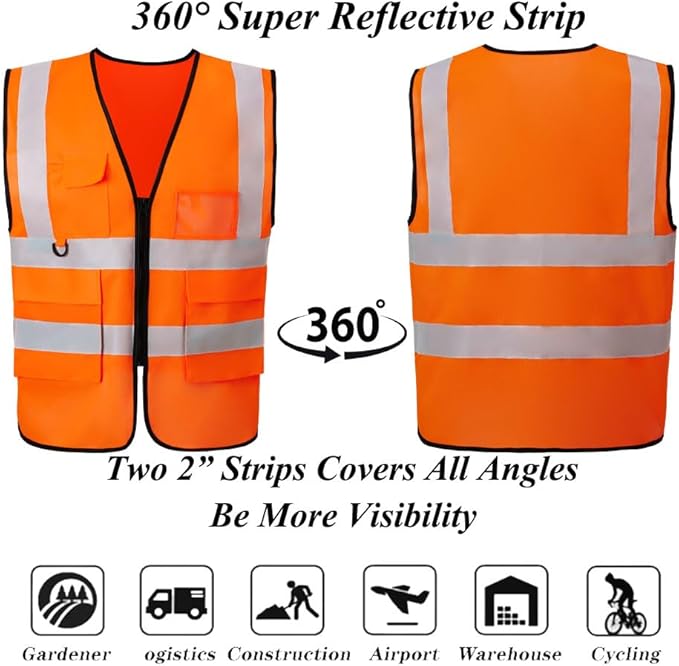 Orange Reflective Safety Vest for women and men, Breathable hi vis vest with 360° reflective strips & 4 Pockets for traffic, surveyor, construction, Universal XL Size