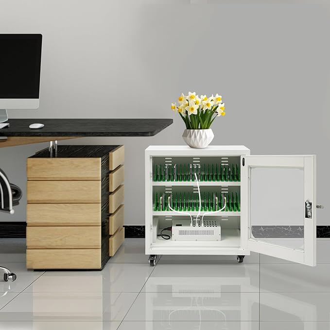 40-Device Charging Station, Charging Cabinet for Cellphones & Tablet Computers, Rechargeable Cellphone Locker Storage Charging Station, Locking Laptop Storage Box with Cable Management
