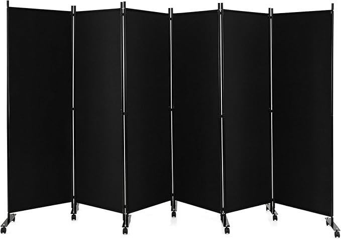 GOFLAME 6 Panel Folding Room Divider, 6FT Rolling Privacy Screen with Lockable Wheels, Portable Room Partition Screen, Freestanding Wall Divider and Separator for Home Office, Black