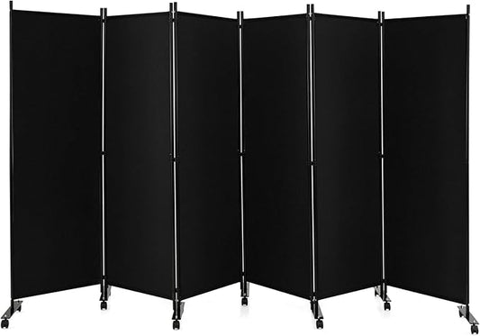 GOFLAME 6 Panel Folding Room Divider, 6FT Rolling Privacy Screen with Lockable Wheels, Portable Room Partition Screen, Freestanding Wall Divider and Separator for Home Office, Black