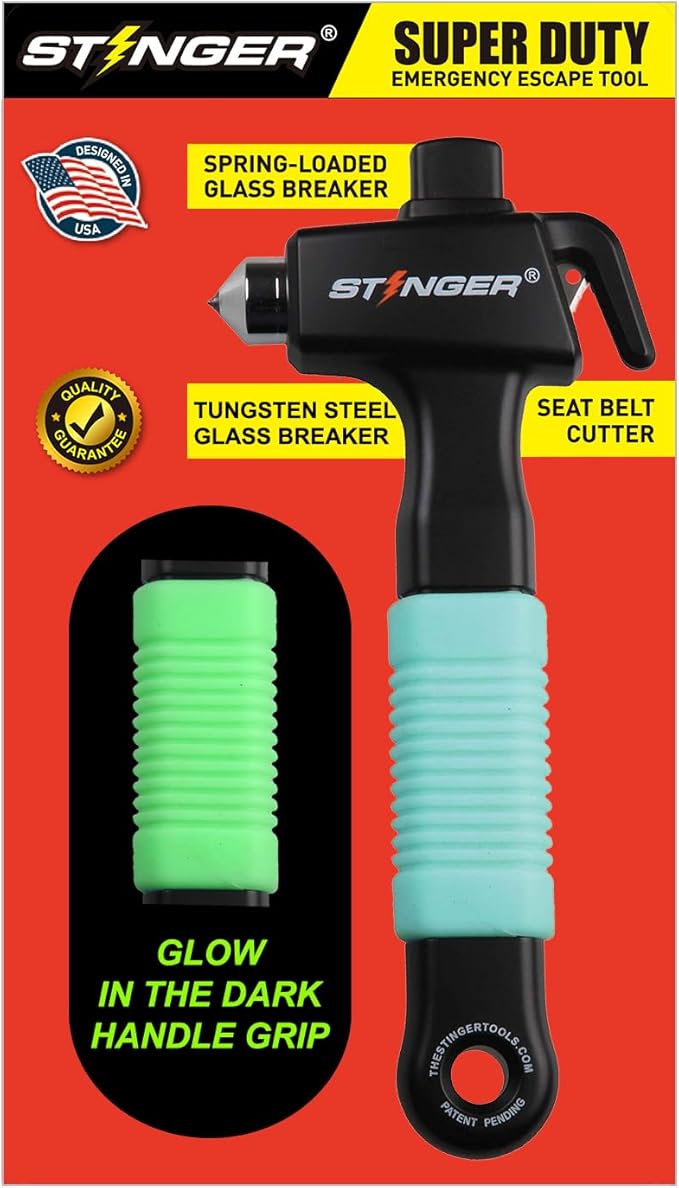 Stinger Super Duty Car Emergency Escape Tool, Hardened Carbon Steel Vehicle Safety Hammer, Spring Loaded Window Breaker, Razor Sharp Seat belt Cutter, Accident Life-Saving Tool (Fluorescent Green)