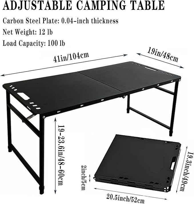 SoloWilder Foldable Camping Table with Gas Struts 3'5" Outdoor Portable Table 19" - 24" Height Adjustable Carbon Steel Lightweight Camping Table 12lb