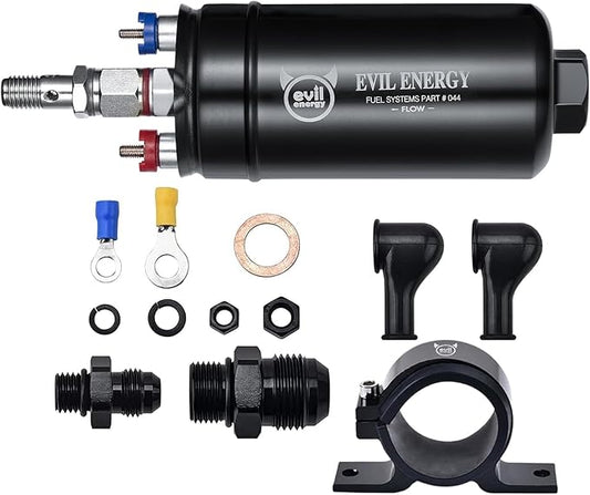 EVIL ENERGY External Inline Fuel Pump Electric 300LPH High Flow 12V with 60 mm Bracket Clamp Black