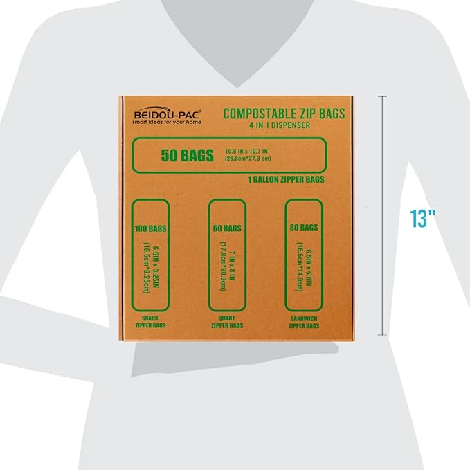 Compostable Combo Storage Zip Bags, 290 Count Resealable Variety Pack with Organizer, Reclosable Biodegradable Eco-Friendly Compost Snack, Sandwich, Quart, Gallon Assorted Size Bags