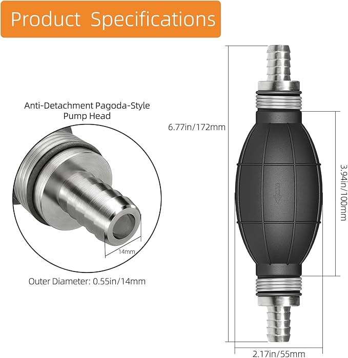 Fuel Transfer Pump, 14mm 1/2" Portable Hand Pump with Primer Bulb for Gasoline, Diesel, Oil, and Water – Manual Fuel Line Pump for Boat, Car, Motorcycle Use