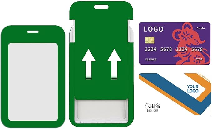 2-Pack Green Card Holder Set, Clear Plastic ID Badge Holder, Top Slot for Lanyard & Keychain, Reusable PVC Card Sleeve for Work Office School Access Card