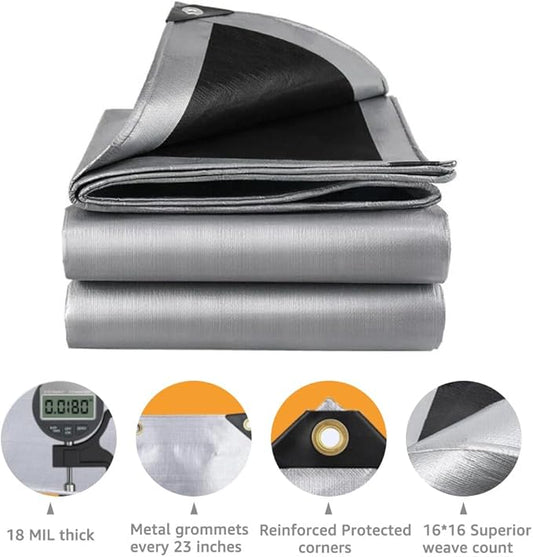 Tarps 10x20 FT Waterproof Heavy Duty Tarp – 18 Mil Thick, UV & Tear Resistant, Reinforced Grommets & Edges – Multi-Purpose Cover for Camping, Roof, Emergency, Truck, Boat (10ft x 20ft)