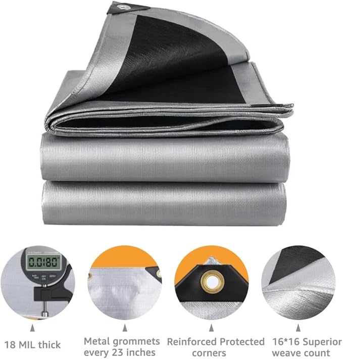 Tarps 12x40 FT Waterproof Heavy Duty Tarp – 18 Mil Thick, UV & Tear Resistant, Reinforced Grommets & Edges – Multi-Purpose Cover for Camping, Roof, Emergency, Truck, Boat (12ft x 40ft)