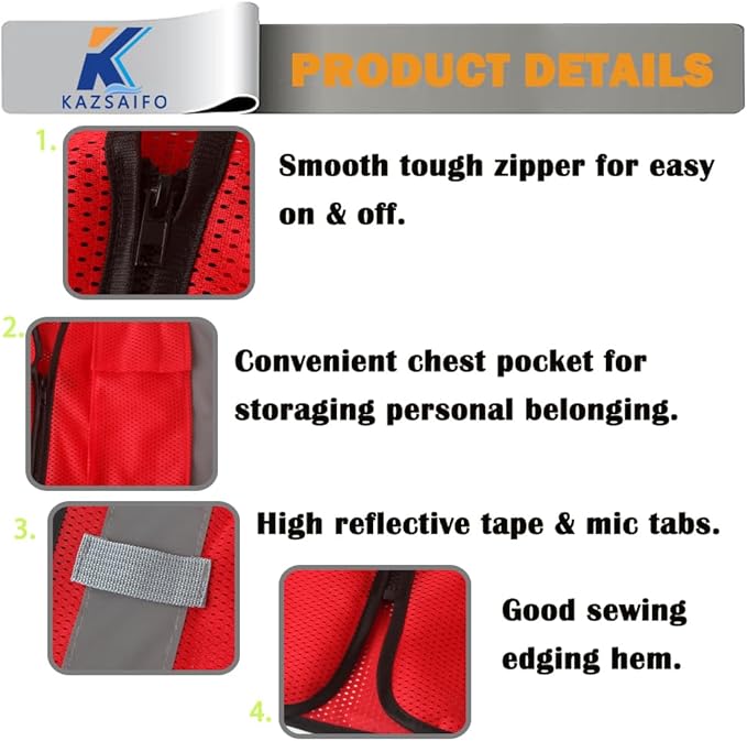 Hi Vis Safety Vest for Men Women,Mesh High Visibility Construction Work Vest Reflective with Chest Pocket and Zipper Front,Meets ANSI/ISEA Standard (KZ179-Red-2XL)