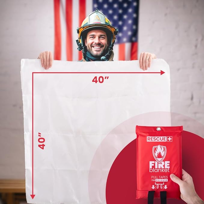 Rescue+ Emergency Fire Blanket for Home, Kitchen, Workplace & Travel, 40” x 40” Fiberglass Flame Retardant Safety Blanket, Fire Suppression for House, Camping, Car Emergencies - 1 Pack