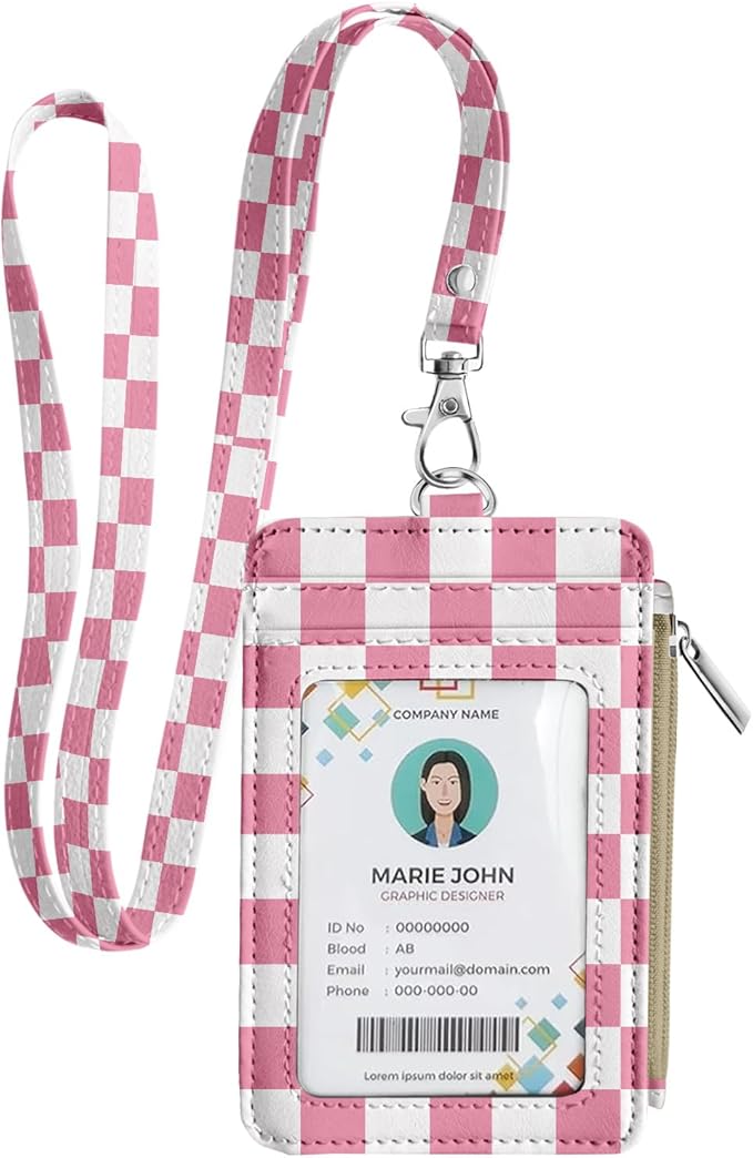 bolimoss ID Badge Holder with Lanyard Wallet for Women Cute Small Card Wallet with Removable Neck Lanyard Side Zipper Pocket Slim Pink Checkered Plaid Leather Credit Card Holder