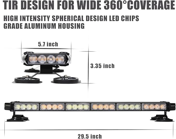 WINECO Amber 29.5" LED Rooftop Strobe Lights Bar, Double Side Flashing Emergency Hazard Caution Warning Beacon Lightbar w/Magnetic Base for Construction Vehicles Tow Trucks Vans Tractor Snowplow…