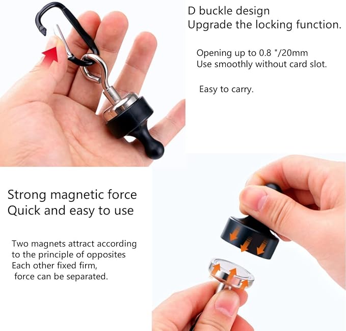 4Pack Strong Magnet Hooks, Pulling Force Rare Earth Magnetic Hooks with Countersunk Hole Eyebolt for Outdoor Hanging Camping Light,Skylight Tent Fixer Hook with Mountaineering Buckle