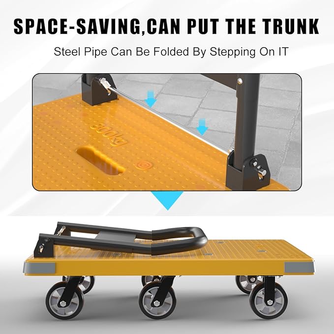 WUD Push Cart, Folding Mobile Platform Trolley,Thickened and Reinforced, 360° Swivel Wheels,47.2 “L x 27.5 ”W, 1764 lb. Yellow Dolly cart with Wheels