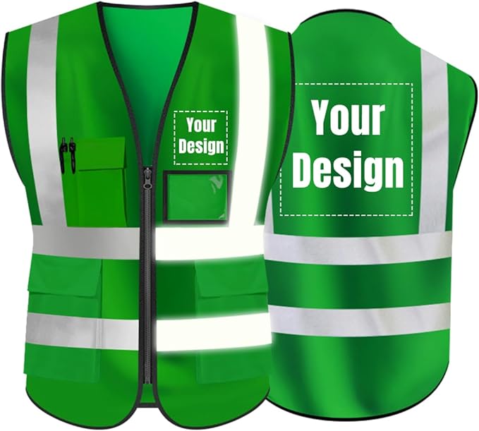 YOWESHOP High Visibility Safety Vest Custom Your Logo Protective Workwear 5 Pockets With Reflective Strips Outdoor Work Vest (Green (L))
