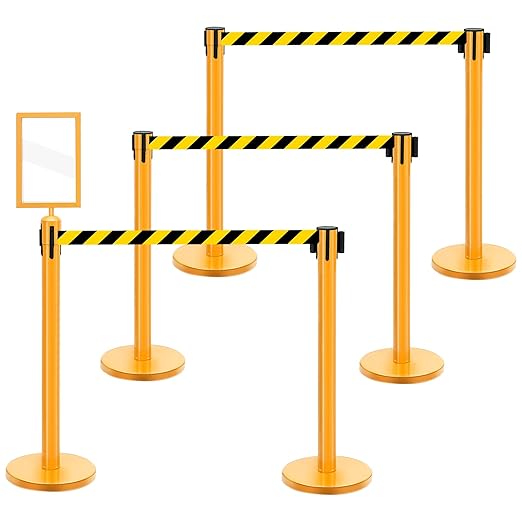 Therwen 6 Pack Heavy Duty Crowd Control Stanchions 9.8 ft Stainless Steel Stanchion Set with 6 Safety Barrier Post Retractable Belt and 1 Sign Holder Crowd Control Barrier(Stripe Belt,Yellow)