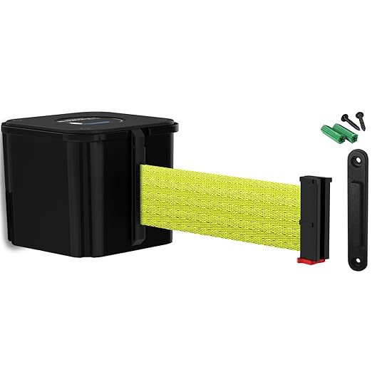 WM412 Retractable Belt Wall Mounted Smooth Black Crowd Control Barrier and Receiving End, 25' Fluorescent Yellow Belt