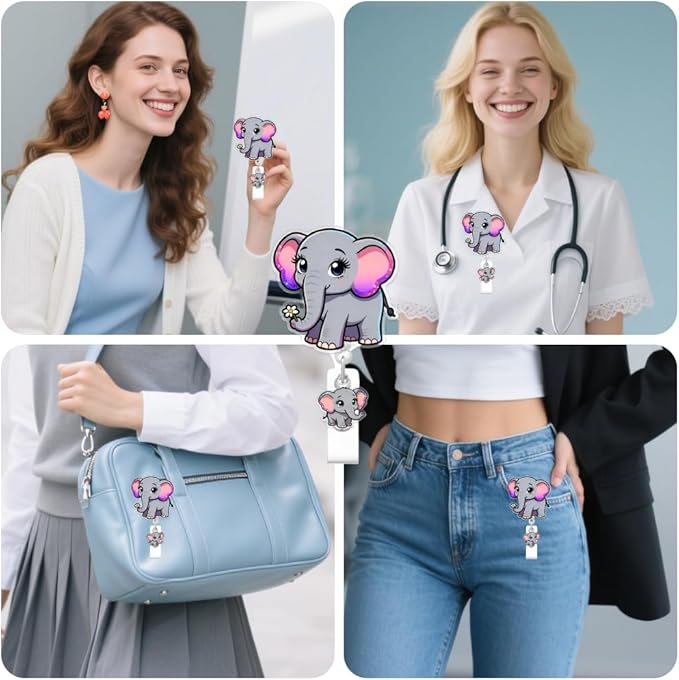 Cute Elephant Badge Reel for ID Card, Funny Flower Elephant Retractable Nurse Alligator Clip Badge Reel for Women, ID Name Tag Badge Holder for Office School Hospital Nurses Doctors Teachers