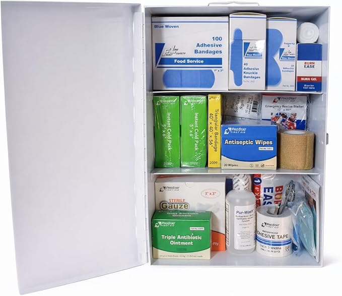Blue Line Food Service First Aid Kit – ANSI Z308.1-2021 Class A, Commercial Kitchen Safety Kit with Blue Bandages, Burn Care, Eye Wash & CPR Shield