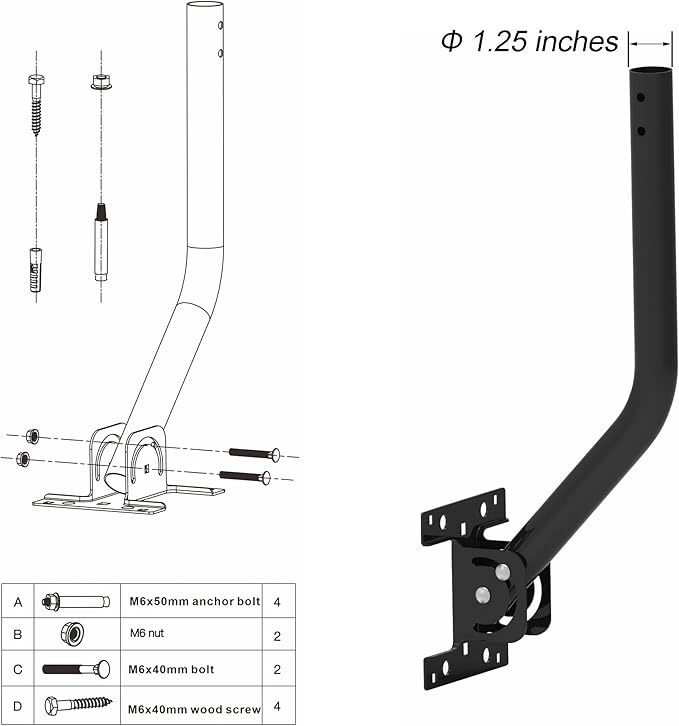 PIBIDI Adjustable Outdoor Antenna & Weather Station Mounting Pole Universal Mount Brackets - Easy Installation, Solid Structure, Weather Proof (1 1/4" Diameter,16 1/2" Arm Length)