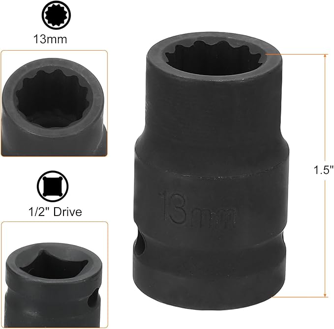 HARFINGTON 12-Point Impact Socket 1/2 Inch Drive 13mm Metric Cr-V Shallow Impact Socket Nut Driver Wrench for Auto Repair