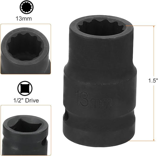 HARFINGTON 12-Point Impact Socket 1/2 Inch Drive 13mm Metric Cr-V Shallow Impact Socket Nut Driver Wrench for Auto Repair