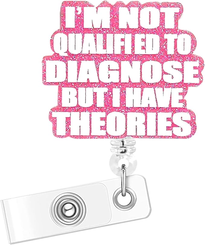 Nurse Badge Reel, Retractable ID Card Holder with Alligator Clip, Glitter Acrylic Badge Holder, Demure Funny Design (Theorie)