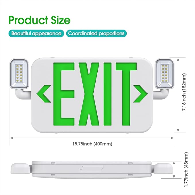 Led Combo Emergency Exit Sign Light with Two Adjustable Head Lights and Backup Battery,US Standard Green Letter Commercial Emergency Exit Lighting,UL 924,120/277V (4Pack)