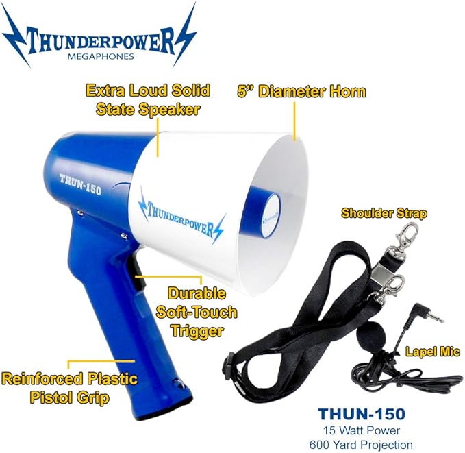 ThunderPower THUN150 Extra-Loud Megaphone Speaker – 600-Yard Range Bullhorn Megaphone with Siren & Voice Modes – 15W Loud Speaker Megaphones for Public Safety, Sports, Teachers, and Protests