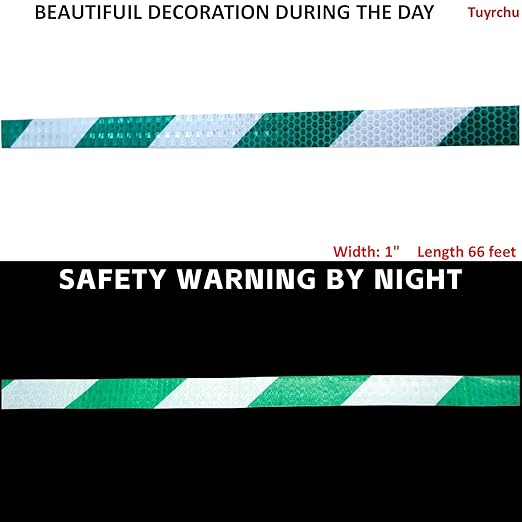 Green and White Reflective Tape Outdoor Waterproof 1 inch X 66 feet, High Visibility Hazard Conspicuity Industrial Marking Tape