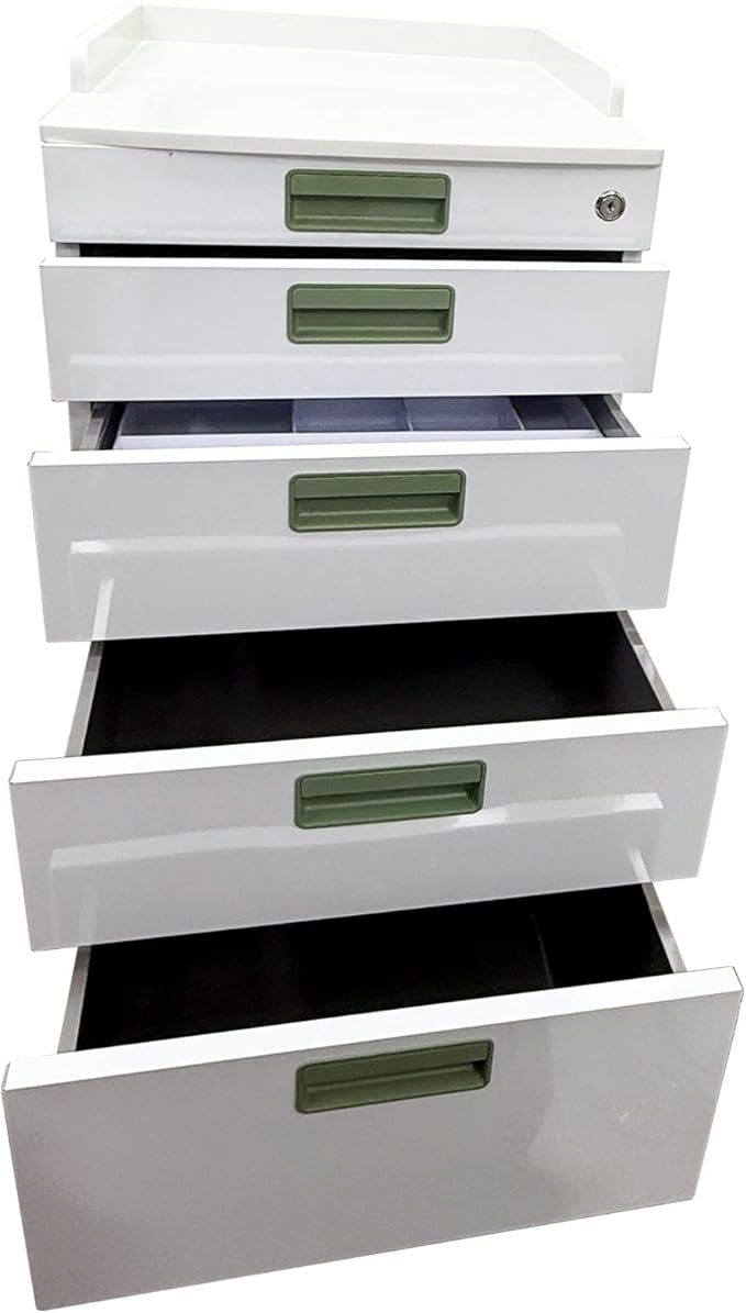4 Drawer Dental Assistant's Mobile Cabinet Stainless Steel Office File Storage Cart Moving Side Cabinet Mobile Utility Storage Cart with 2 Trays for Dental Medical Office White and Green