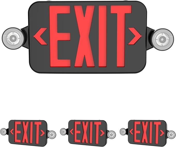 Black LED Exit Sign with Emergency Lights, Adjustable Two LED Head Commercial Emergency Exit Light with Battery Backup, UL Listed, AC 120/277V, Hardwired Emergency Lighting for Business (4 Pack)