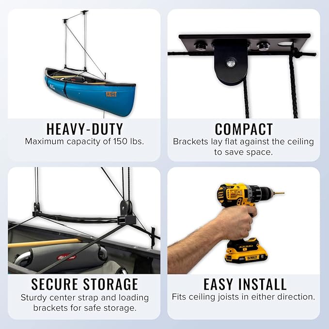 StoreYourBoard Cargo Box Pulley System – Heavy-Duty Garage Hoist Lift for Rooftop Carriers – Garage Storage & Garage Organization Ceiling Hoist with Pulley – Holds 150 lbs - Fits 10-14 ft Ceilings