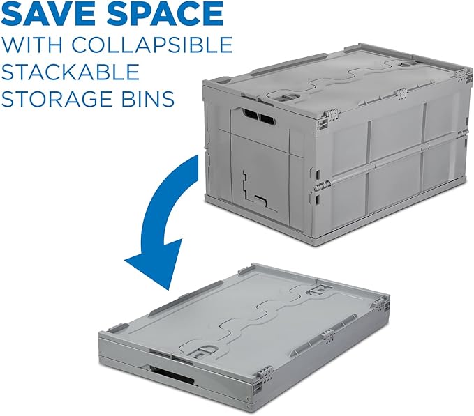 Mount-It! Folding Plastic Storage Crate, PACK OF 3, Collapsible Utility Distribution Container with Attached Lid, 65L Liter Capacity, Gray,