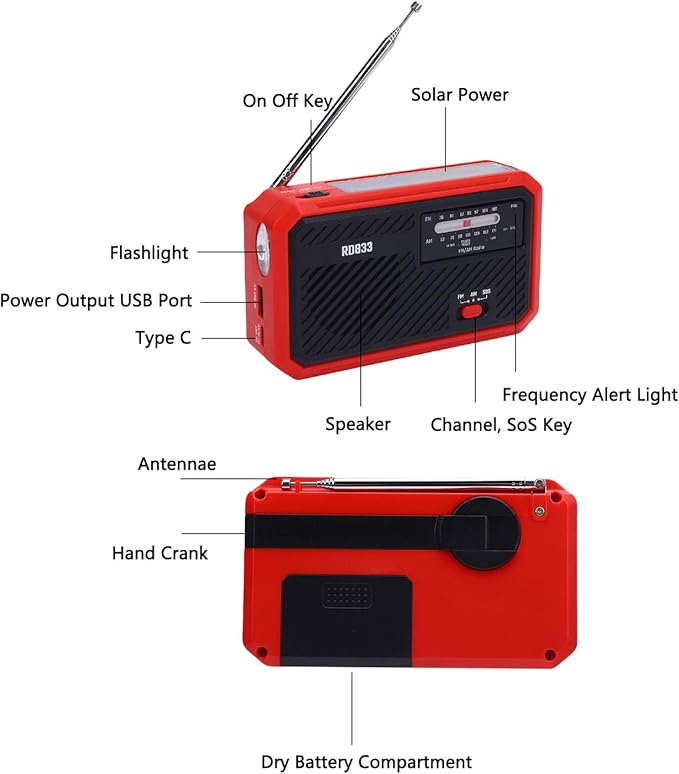 ciciglow Hand Crank Emergency Radio, AM FM Portable Solar Weather Radio with LED Flashlight and SOS Alarm for Outdoor Camping Hiking (Red)