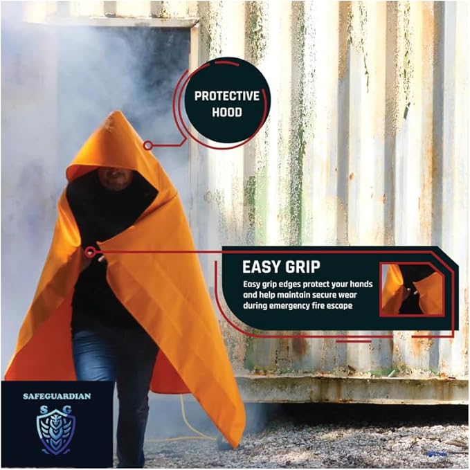 Fireproof Blanket Fire Cloak | Hooded Fire Blanket | Emergency Fire Blankets For Full Body | Emergency Fire Escape Hooded Cape with Reflective Strips | Heat Resistant Up to 1100°F | 65*61