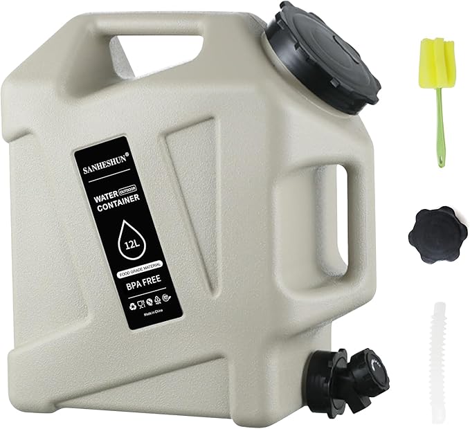 3.2 Gallon Water Jug,Camping Water Container with Spigot,BPA-Free with Cleaning,Brush Military Green Tank Portable,Suitable for Outdoor Camping and Hiking,Grey