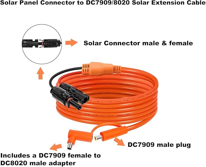 Solar Connector to DC 8mm Adapter Cable 20FT, 12AWG + 14AWG Tinned Copper Wire with DC7909 to DC8020 Adapter, Heavy Duty Charging Cable for Portable Power Station, RV, Outdoor Camping