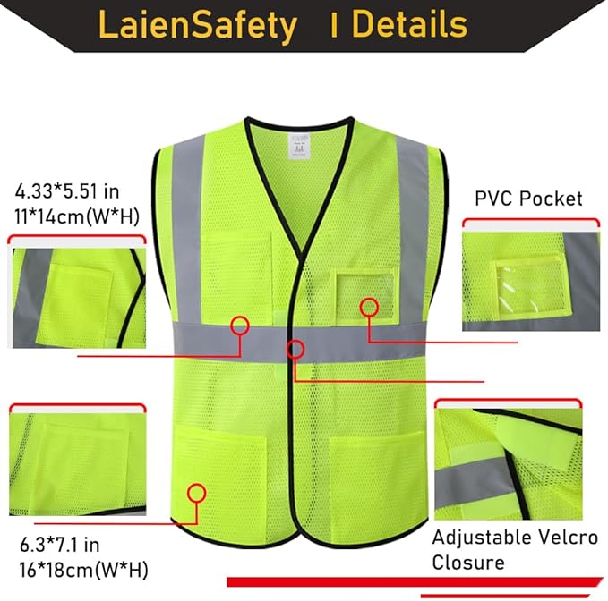 10 Pcs Reflective Safety Vests Bulk with 4 Pockets and Adjustable Front,Mesh Neon Yellow High Visibility Construction Vest for Men Women Outdoor Work (EK-LN10-10-Yellow)