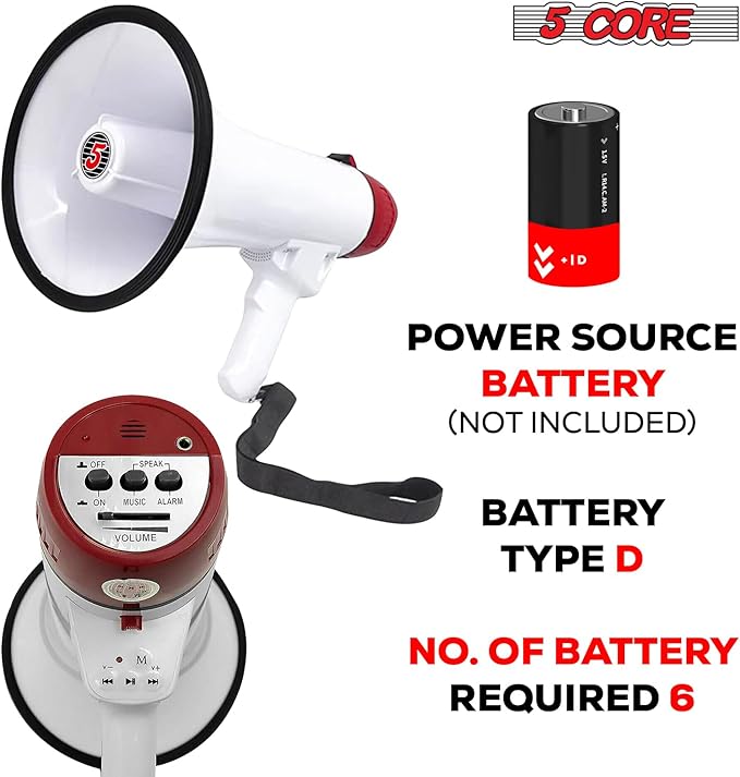 5 CORE 40W Megaphone Bullhorn Cheer Bull Horn Speaker Rechargeable Megaphono 1000 Yard Range Siren Recording USB SD Card AUX Detachable Microphone for Cheerleading, Football, Safety Drills