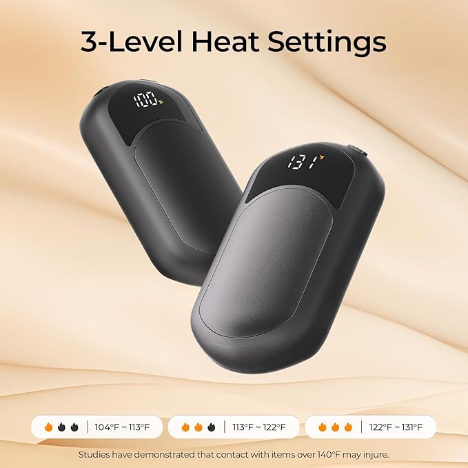 Hotdot Hand Warmers Rechargeable, Heat Levels (104–131°F), Real-Time Temp & Battery Display, Electric Hand Warmers, Fast Heating, Fits in Gloves/Pocket, Gifts for Women & Men