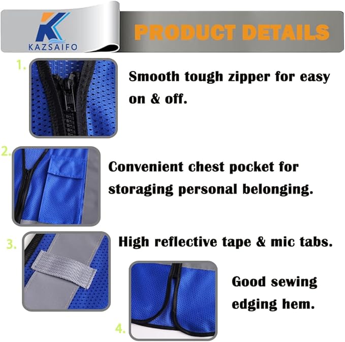 Hi Vis Reflective Safety Vest for Men Women Work, Mesh High Visibility Construction Vest with Chest Pocket and Zipper Front,Meets ANSI/ISEA Standard (KZ179-Blue-XL)