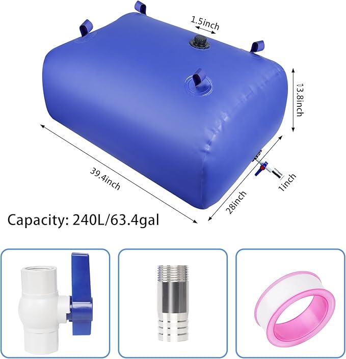 Heavy-Duty Water Storage Bladder - 63.4Gal/240L with Stainless Steel Fittings, Leak-Proof & Durable Cistern – Portable Tank for Emergency, Farming, Camping, and RV Use