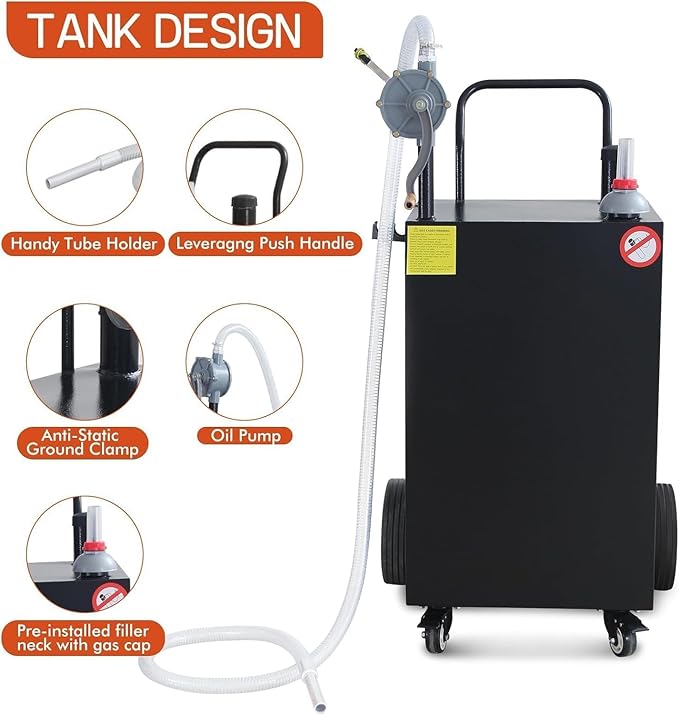 45 Gallon Fuel Caddy With Wheels - Heavy Duty Steel Gas Can With Hand Pump - Portable Fuel Transfer Tank for Gasoline, Diesel, Kerosene - Wide Mouth Design for Construction, Farm, ATV, Generator