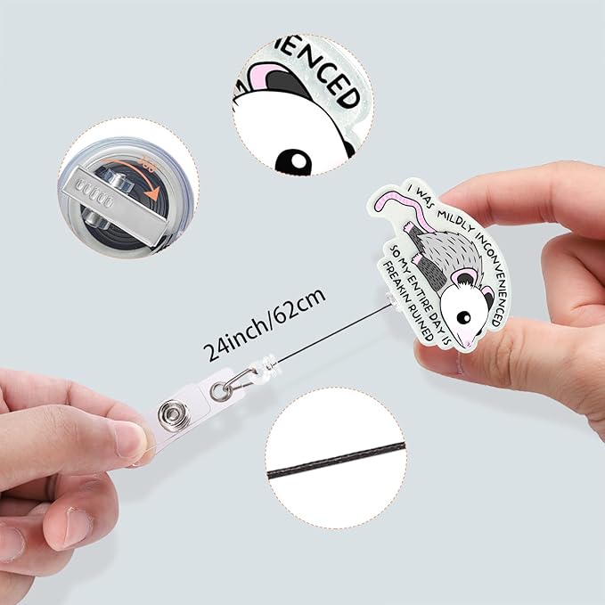 Nurse Retractable Badge Holder, Humorous Badge Buddy with Alligator Clip, Glitter Acrylic Nurse Badge Reel, Funny Design (Opossum)